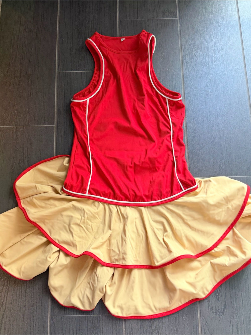 Red Athletic Swimdress with Cream Ruffled Skirt